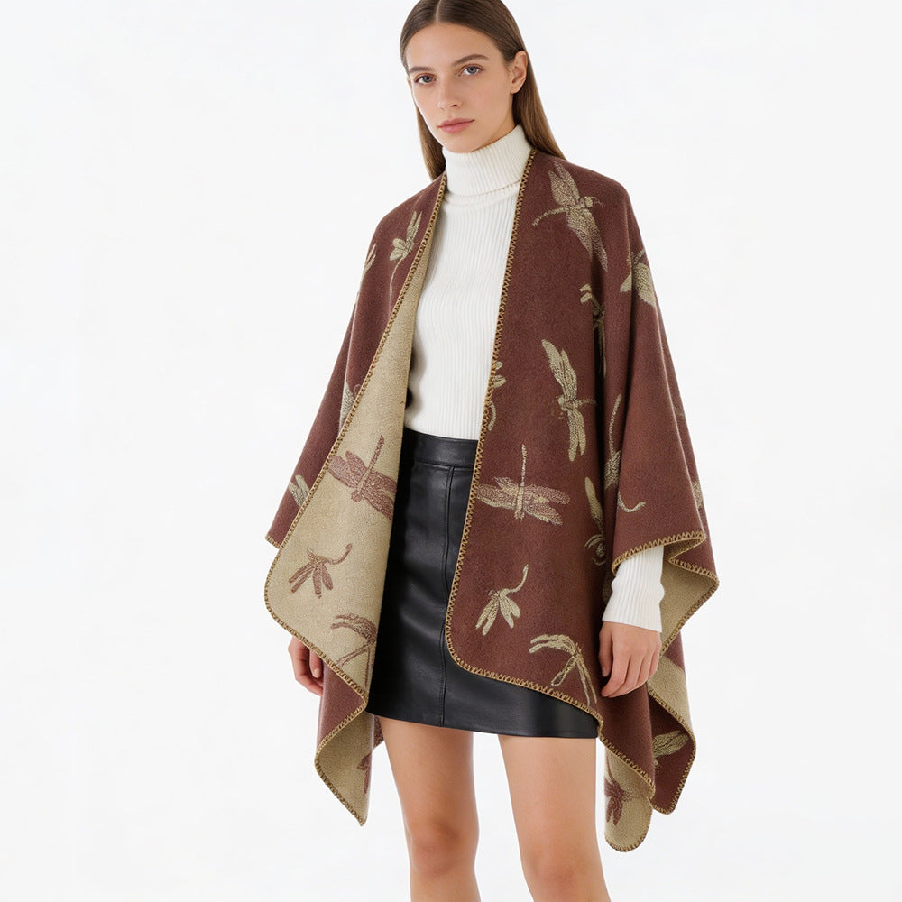 Damen Reversibler Cape-Poncho mit Libellen-Jacquard und feinem Saum Drune