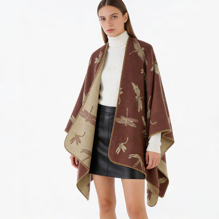 Damen Reversibler Cape-Poncho mit Libellen-Jacquard und feinem Saum Drune