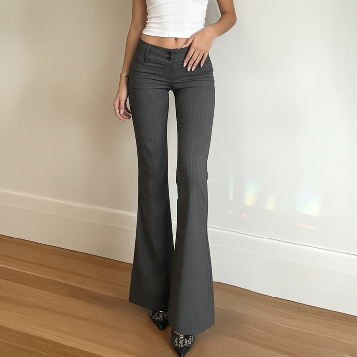Damen Hochtaillierte Stretch‑Schlaghose mit Nadelstreifen und Doppelknopf Drune