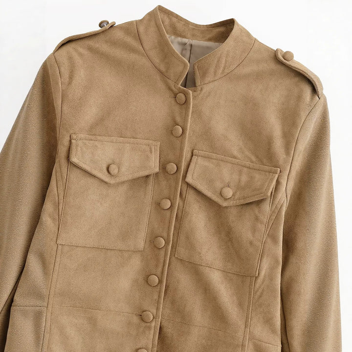 Damen Wildlederoptik Fieldjacke mit Stehkragen und Pattentaschen Drune