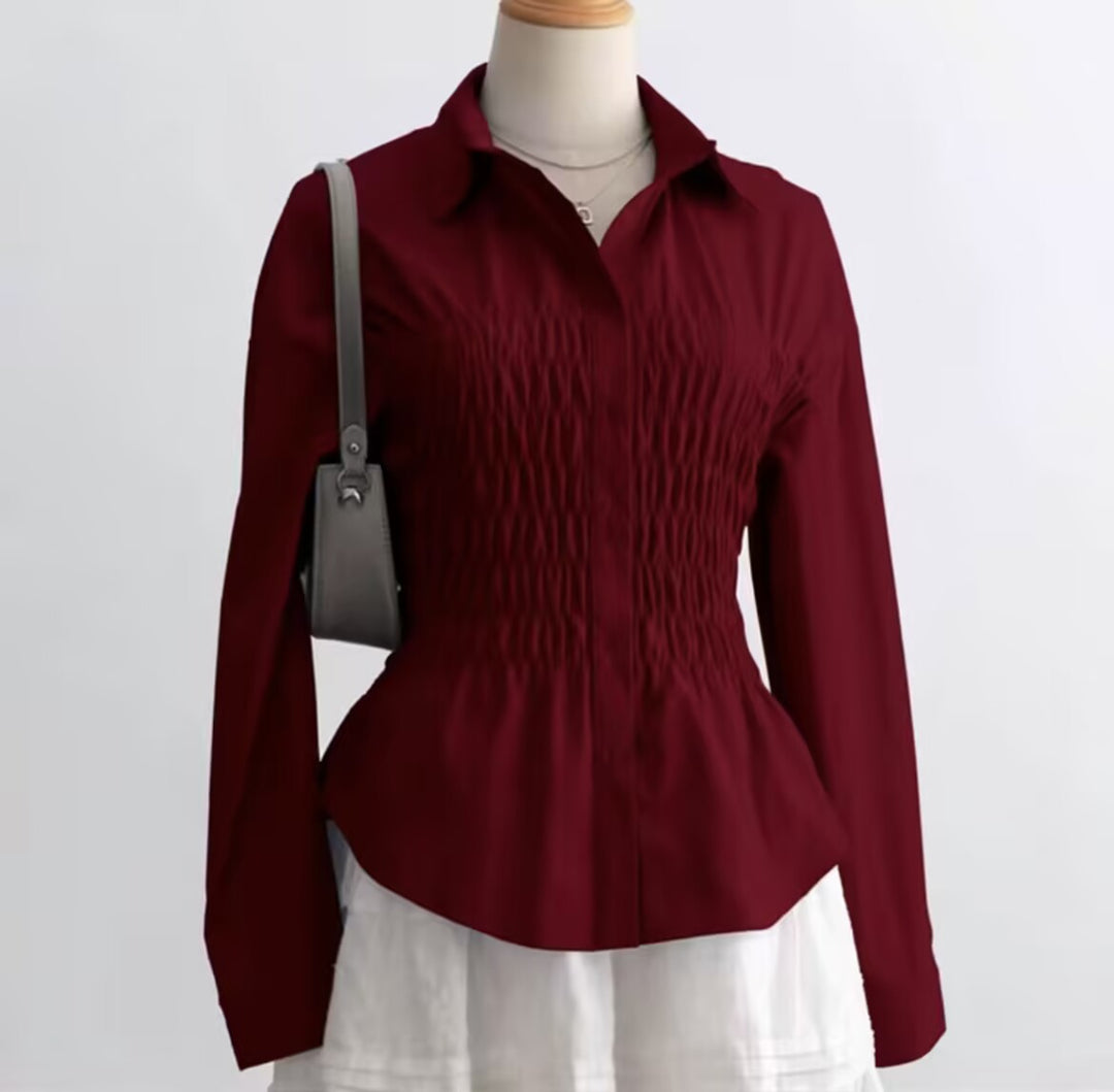 Damen nan taillierte Hemdbluse mit geraffter Brustpartie und Schößchen Drune