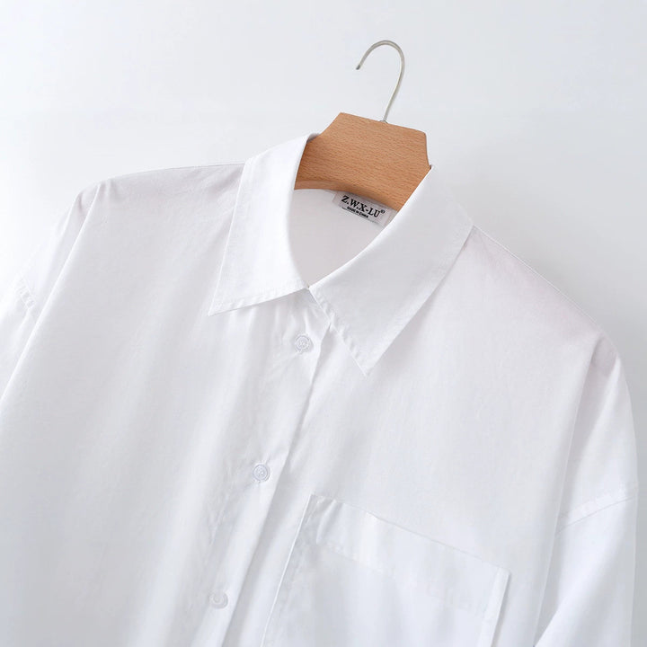Damen Oversize-Basics-Bluse mit kastiger Silhouette, Hemdkragen und Brusttasche Drune