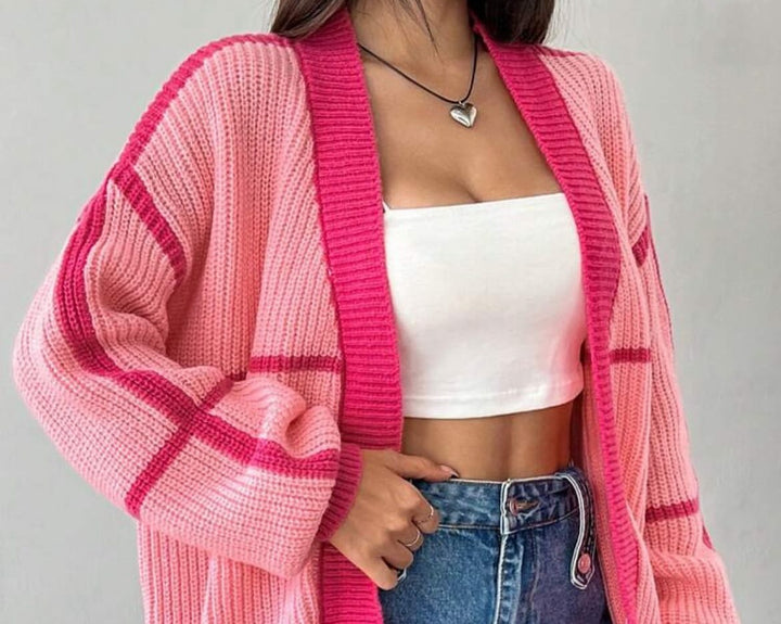 Damen Grobstrick Cardigan mit modernen Karomustern und weitem Schnitt Drune