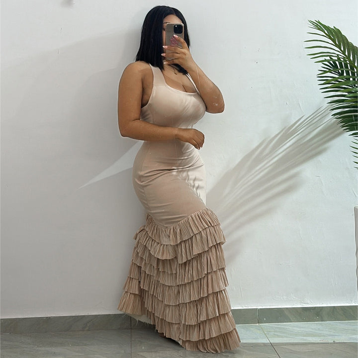 Damen Maxikleid mit raffiniertem Volant und tailliertem Schnitt Drune