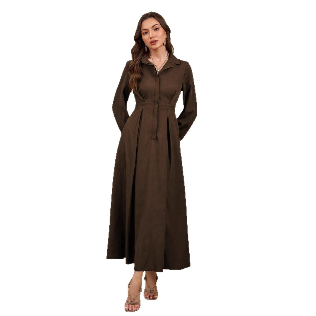 Damen Elegantes Hemdblusenkleid mit schwingendem Rock und praktischen Taschen Drune