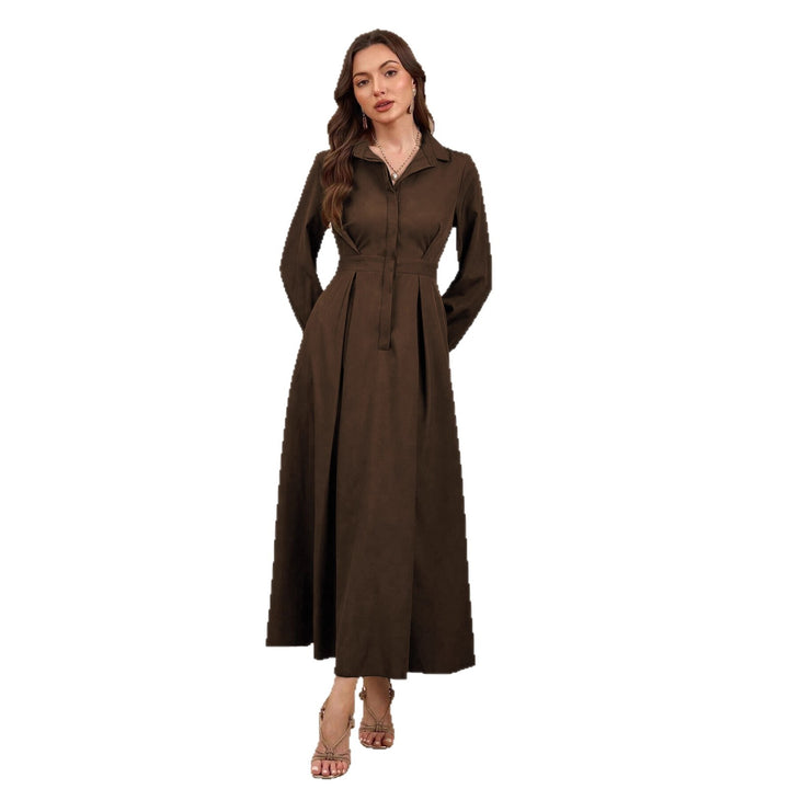 Damen Elegantes Hemdblusenkleid mit schwingendem Rock und praktischen Taschen Drune