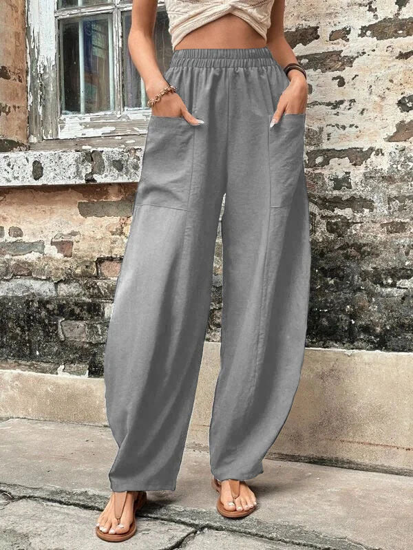 Damen Weite Leinenhose mit elastischem Bund, aufgesetzten Taschen und lässigem Harem-Schnitt Drune
