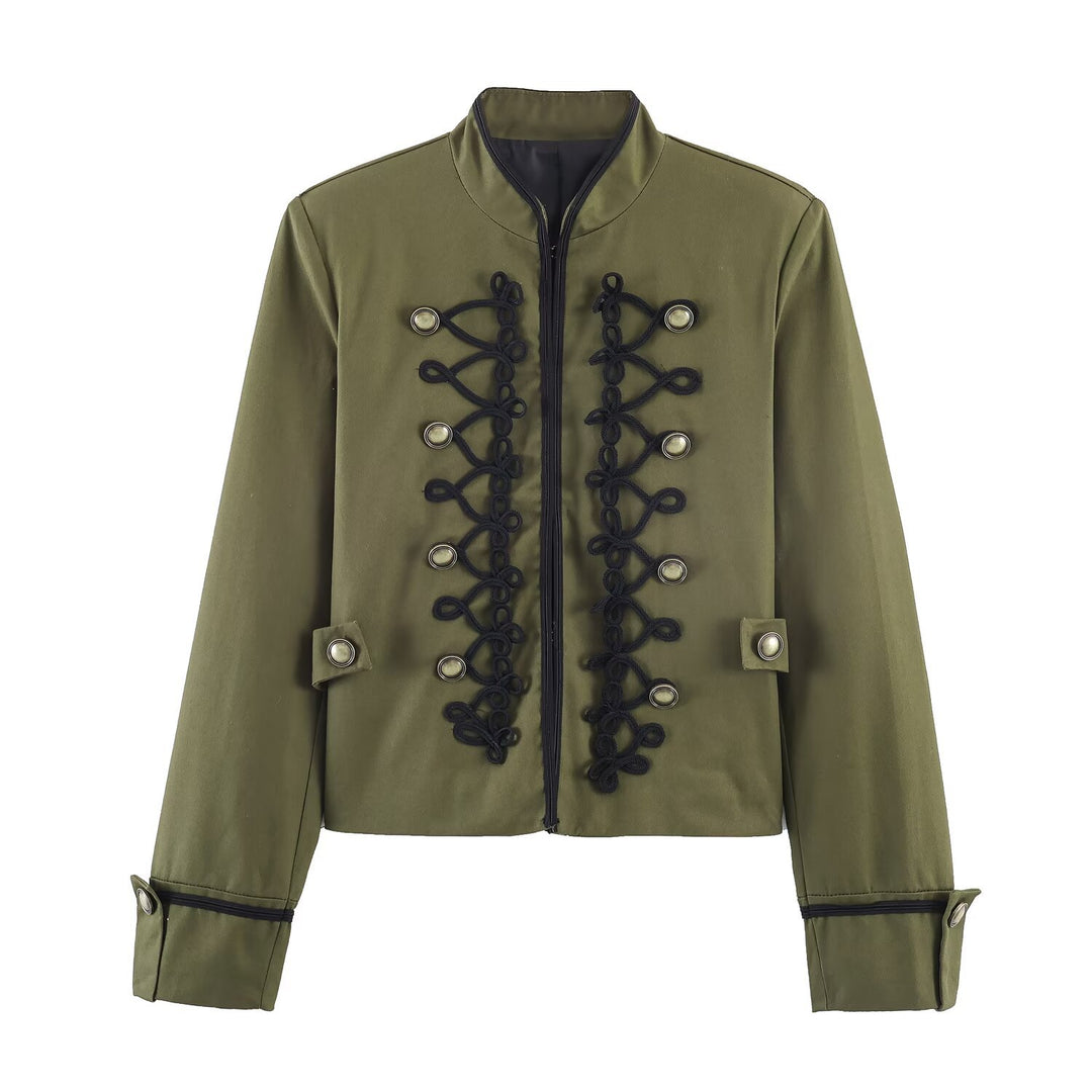 Damen Militärisch inspirierte Kurzjacke mit dekorativer Kordauflage und Stehkragen Drune
