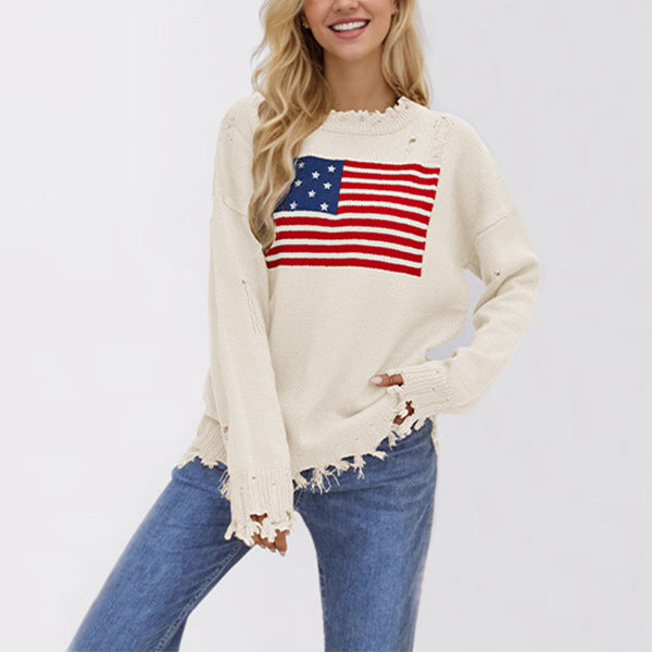 Damen modischer Pullover mit Flaggenmotiv und Fransensaum Drune