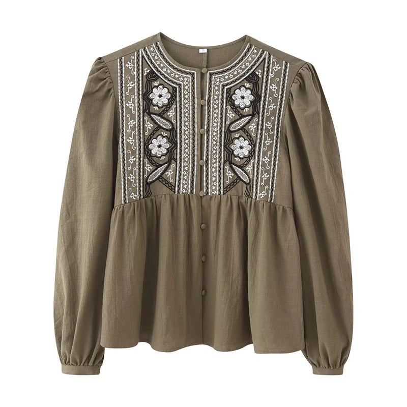 Damen nan bestickte Bluse mit geraffter Taillenpartie, Rundhals und Ballonärmeln Drune