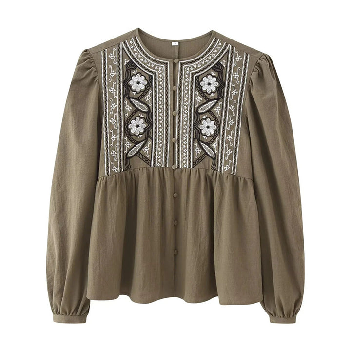 Damen nan bestickte Bluse mit geraffter Taillenpartie, Rundhals und Ballonärmeln Drune