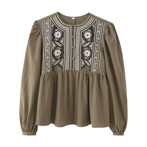 Damen nan bestickte Bluse mit geraffter Taillenpartie, Rundhals und Ballonärmeln Drune
