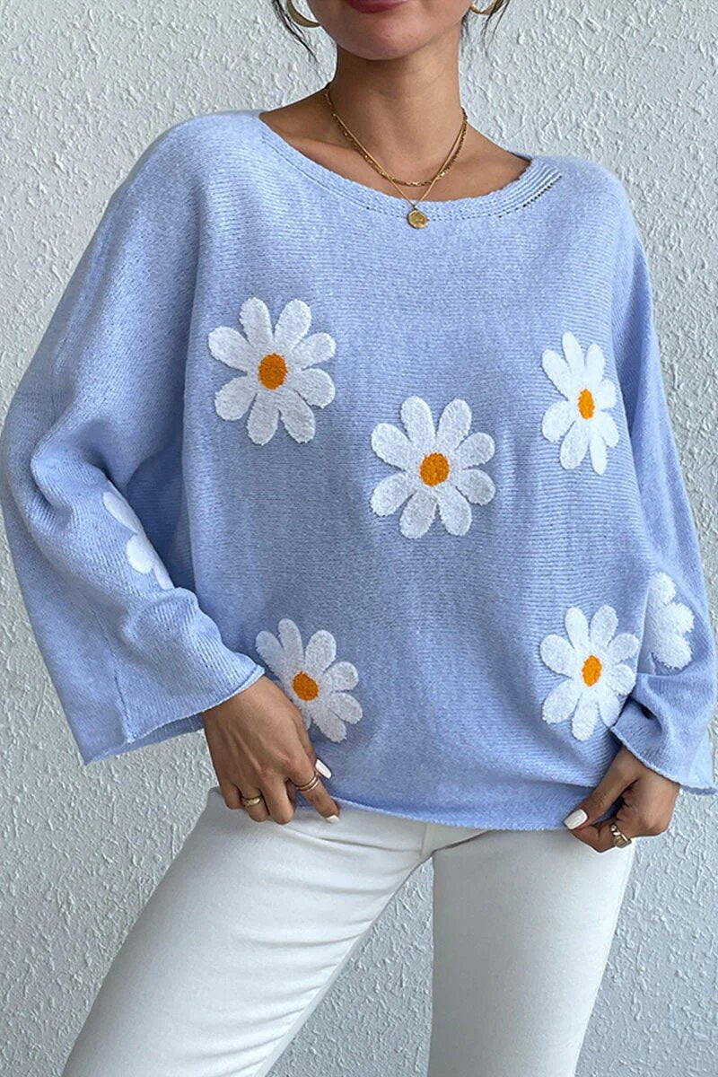 Damen Strickpullover mit verspieltem Blumendesign und weitem Schnitt Drune