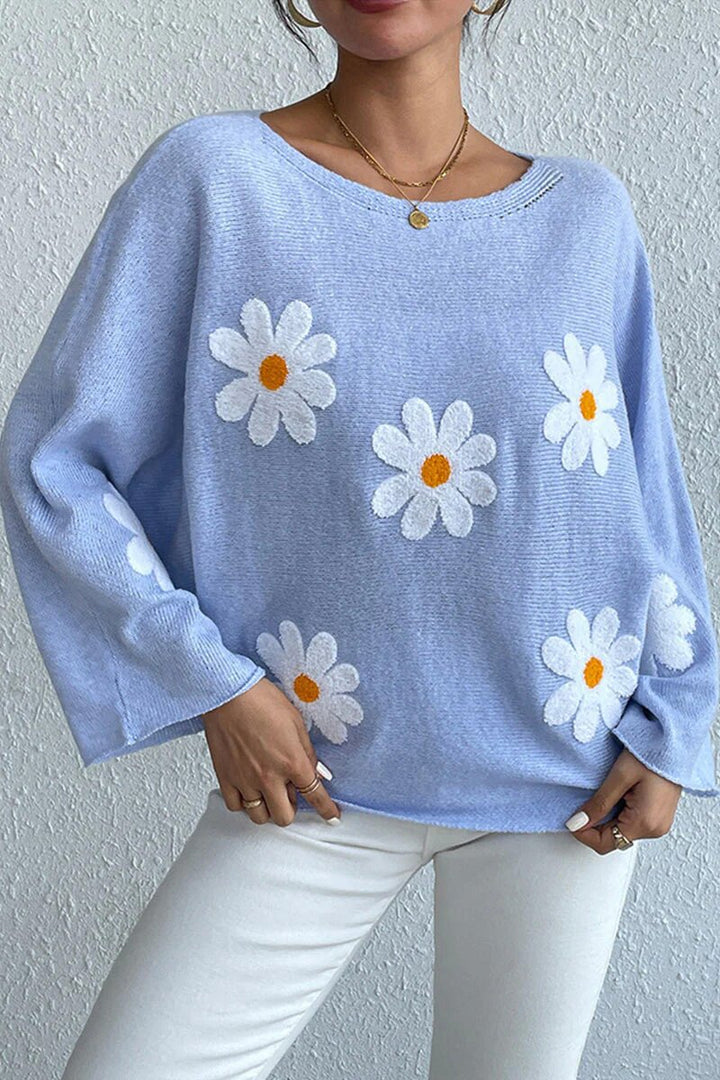 Damen Strickpullover mit verspieltem Blumendesign und weitem Schnitt Drune