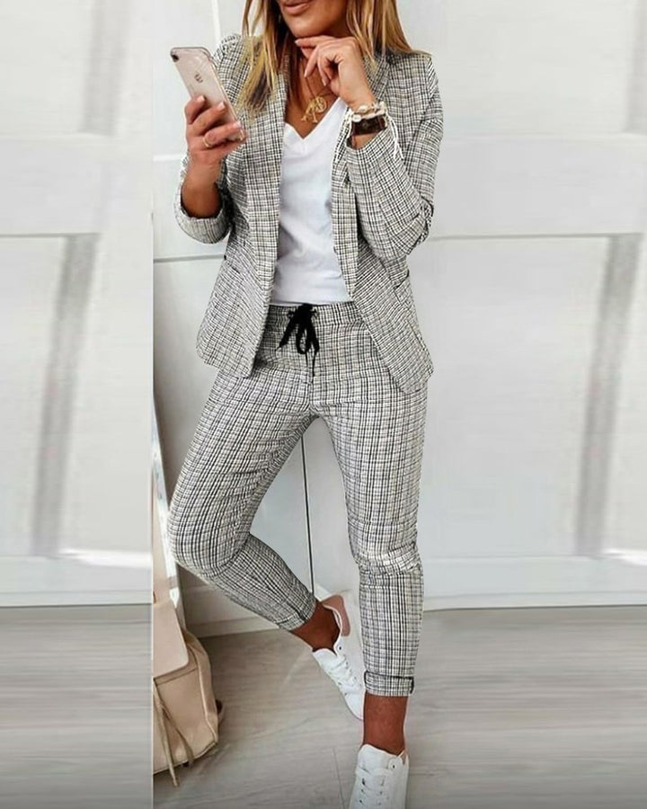 Damen nan lässig-elegantes Karozweiteiler Blazer mit Tunnelzug-Slimhose Drune