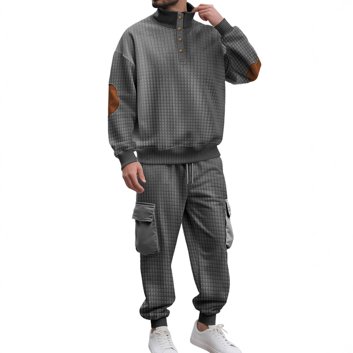 Herren nan Karo-Relief-Sweatset mit Stehkragen-Knopfleiste, Velours-Ellenbogenpatches und Cargo-Jogger Drune