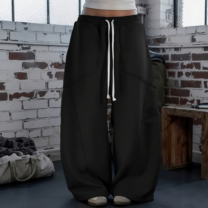 Damen Weite Baggy-Sweatpants mit hohem Elastikbund, Kordelzug und Teilungsnähten Drune