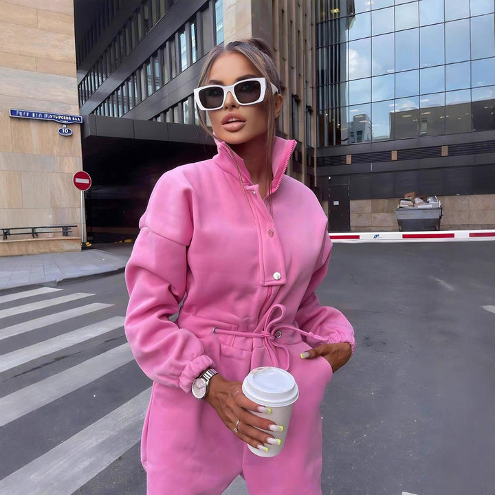Damen taillierter Velours-Jumpsuit mit Tunnelzug Stehkragen und elastischen Bündchen Drune