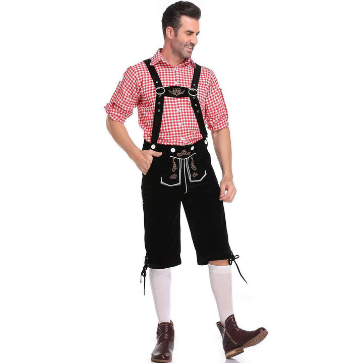 Damen nan kurze Trachten-Latzhose mit gesticktem Hirschmotiv, verstellbaren Trägern und Spitzenbordüre Drune