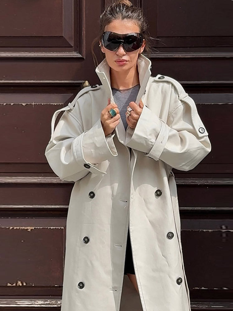 Damen tailloser Long-Trenchcoat im Oversize-Schnitt mit doppelter Knopfleiste und Schulterklappen Drune