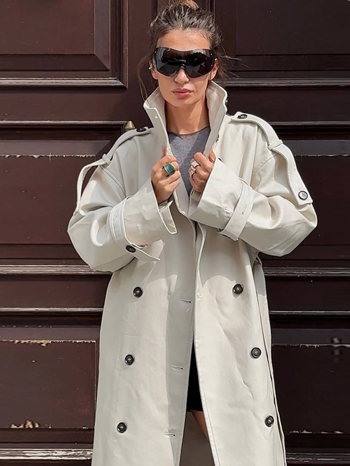 Damen tailloser Long-Trenchcoat im Oversize-Schnitt mit doppelter Knopfleiste und Schulterklappen Drune