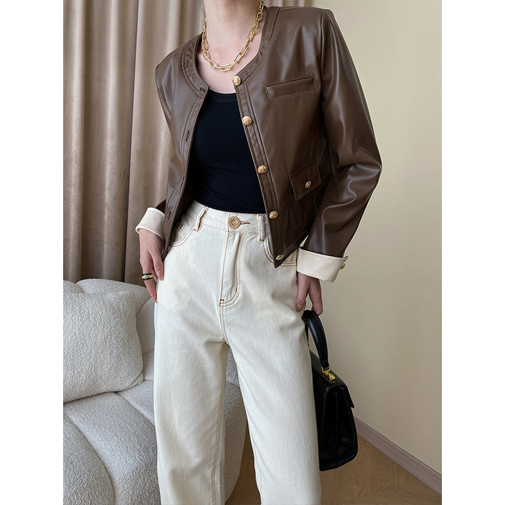 Damen modische Kunstlederjacke mit diagonalen Schnitten Drune