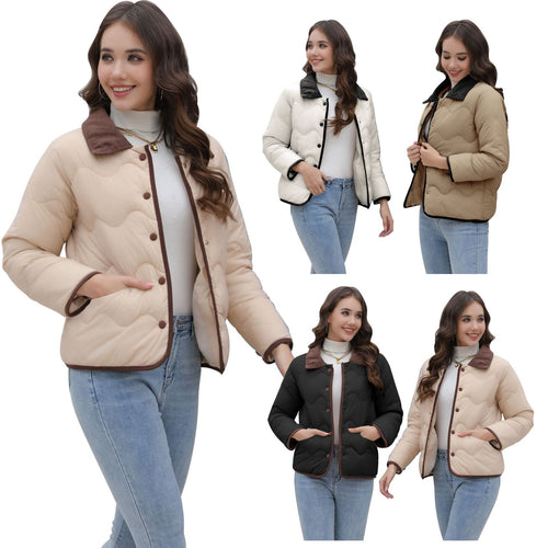 Damen Gequiltete Steppjacke mit Samtkragen und geschwungener Wellensteppung Drune