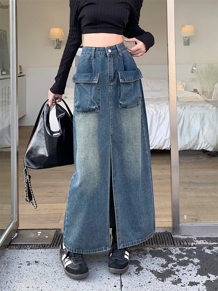 Damen Langer Jeansrock mit großzügigen Taschen Drune