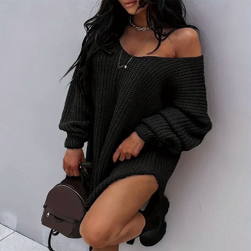 Damen Oversize Strickkleid mit weitem Rundhalsausschnitt und lässiger Passform Drune
