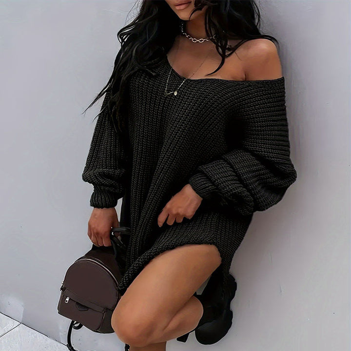 Damen Oversize Strickkleid mit weitem Rundhalsausschnitt und lässiger Passform Drune