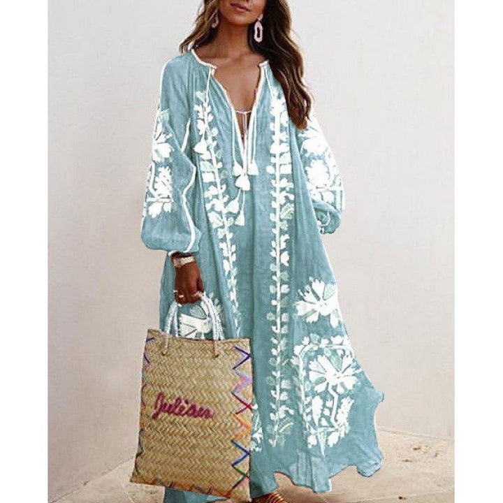 Damen Besticktes Boho-Maxikleid mit Ballonärmeln und Quastenverschluss Drune
