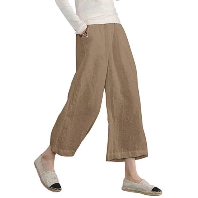Damen weite Leinenhose mit seitlichen Taschen und elastischem Bund Drune