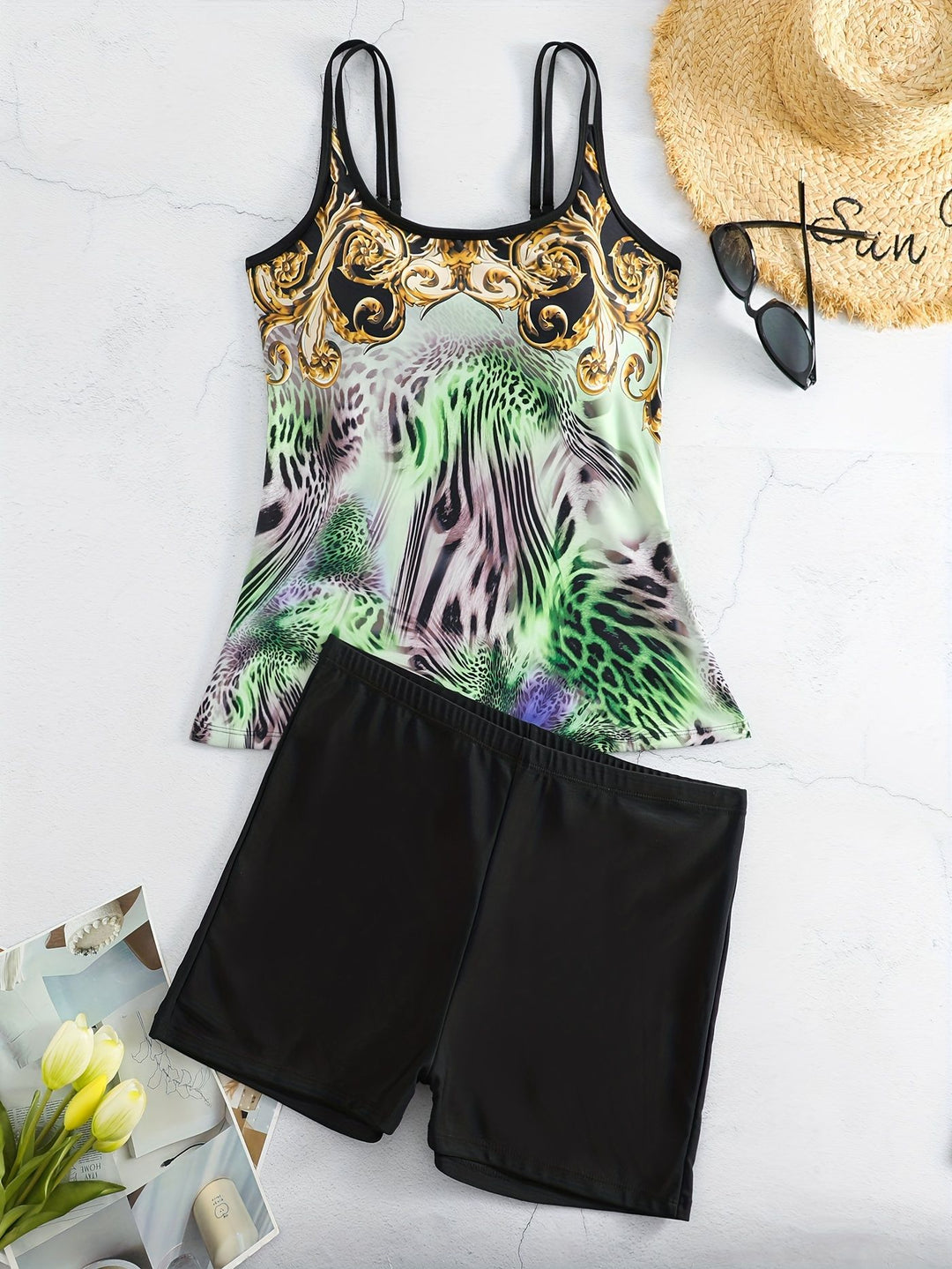 Damen Sportliches Tankini-Set mit modischem Animal-Print und Boxershorts Drune