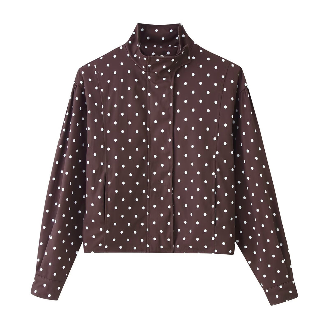 Damen 700+ Kurz geschnittene Blousonjacke mit Stehkragen, Glockenärmeln und Tupfenmuster Drune