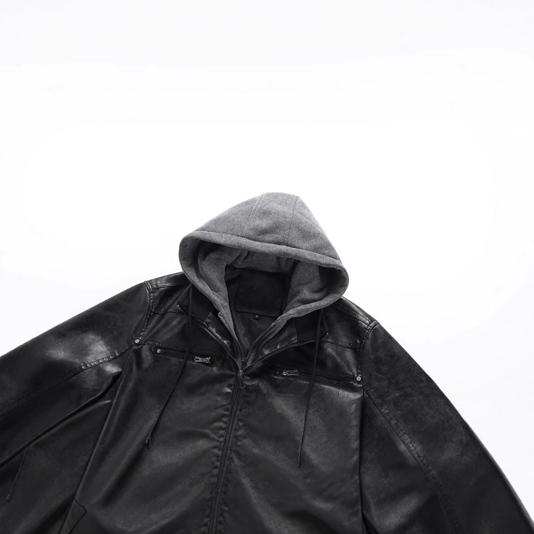 Herren Modische Kunstlederjacke mit abnehmbarer Kapuze Drune