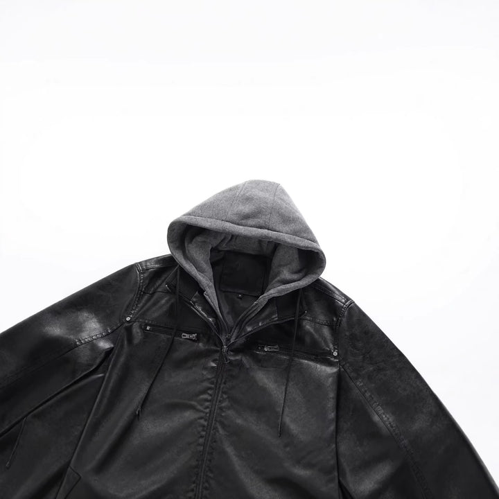 Herren Modische Kunstlederjacke mit abnehmbarer Kapuze Drune