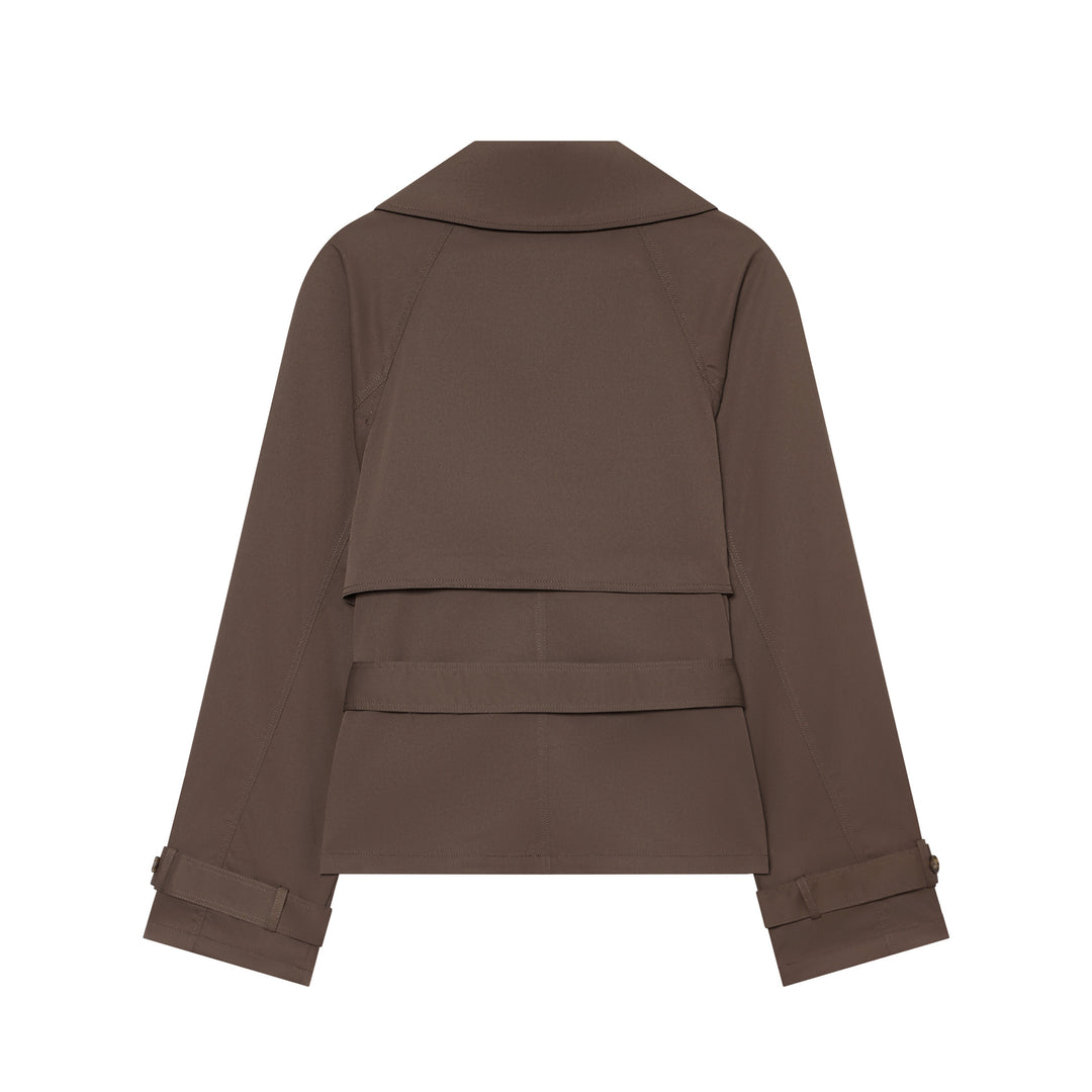 Damen kurzer taillierter Trench‑Blouson mit Bindegürtel, doppelreihiger Knopfleiste und weitem Revers Drune