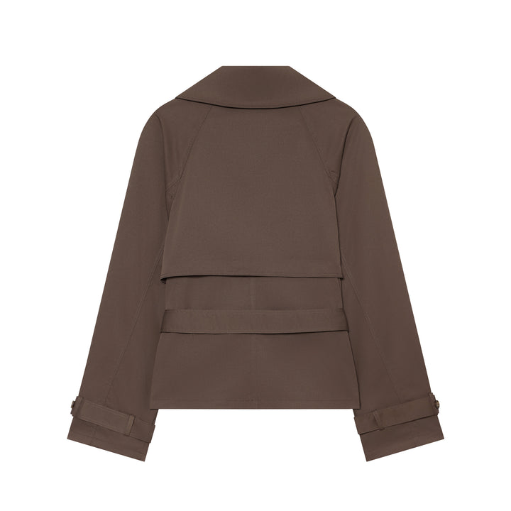 Damen kurzer taillierter Trench‑Blouson mit Bindegürtel, doppelreihiger Knopfleiste und weitem Revers Drune