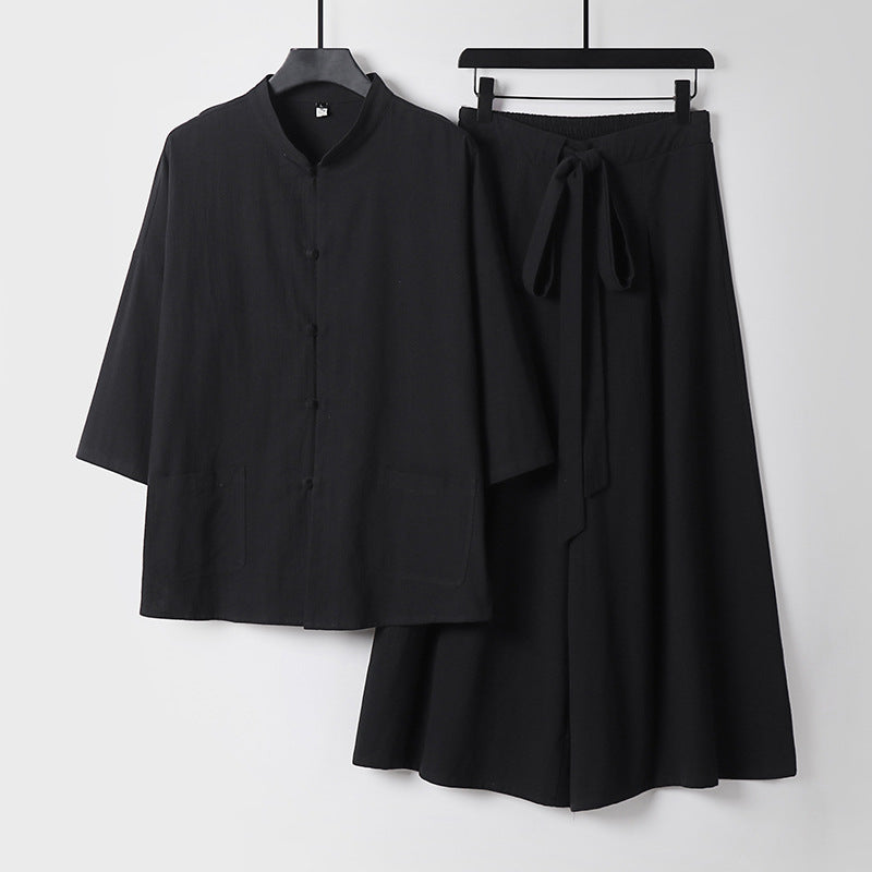 Damen Zweiteiliges Leichtes Lounge-Set mit Stehkragen, Kurzarm-Jacke und weitem Palazzo-Hosenrock Drune