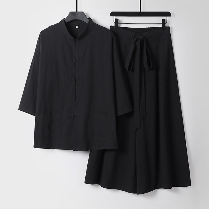 Damen Zweiteiliges Leichtes Lounge-Set mit Stehkragen, Kurzarm-Jacke und weitem Palazzo-Hosenrock Drune