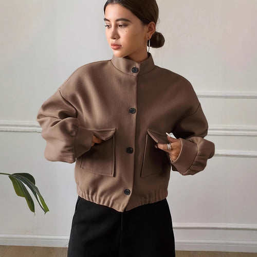 Damen Modische Kurzjacke mit Stehkragen und praktischen Taschen Drune