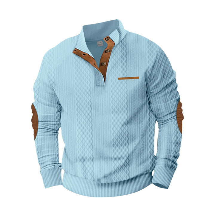 Herren Strukturiertes Kabelstrick-Sweatshirt mit Halbknopfblende, Kunstleder‑Patchtasche & Ellbogenpatches Drune