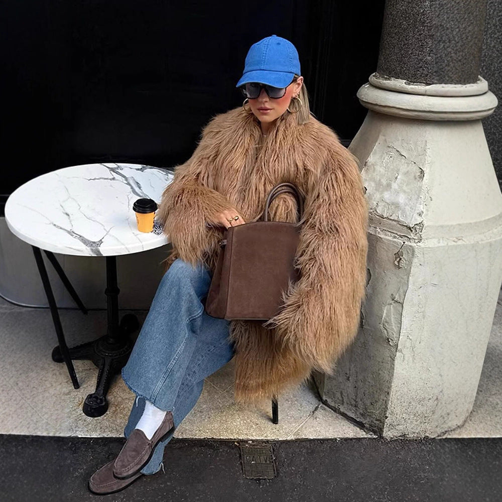 Damen Oversize Shaggy‑Kunstpelz‑Mantel mit langer Florstruktur und verdeckter Knopfleiste Drune