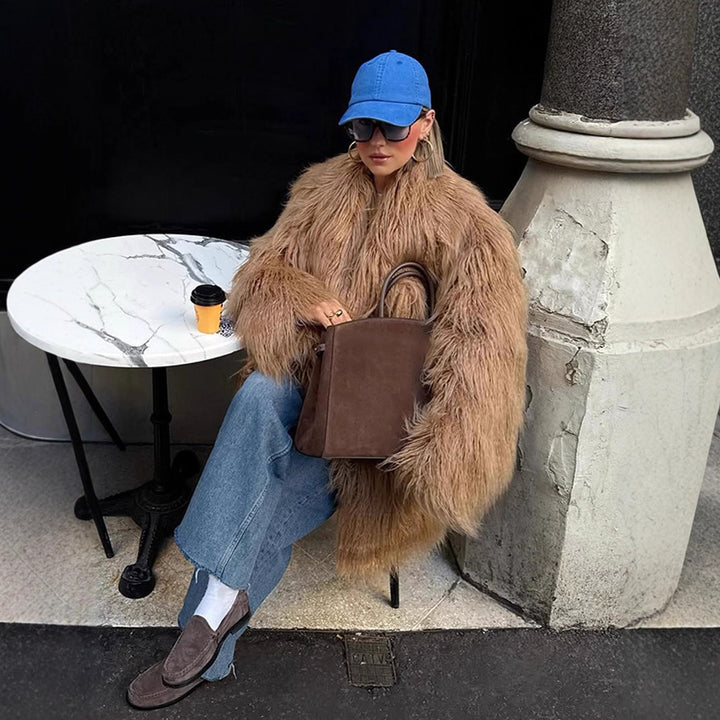 Damen Oversize Shaggy‑Kunstpelz‑Mantel mit langer Florstruktur und verdeckter Knopfleiste Drune