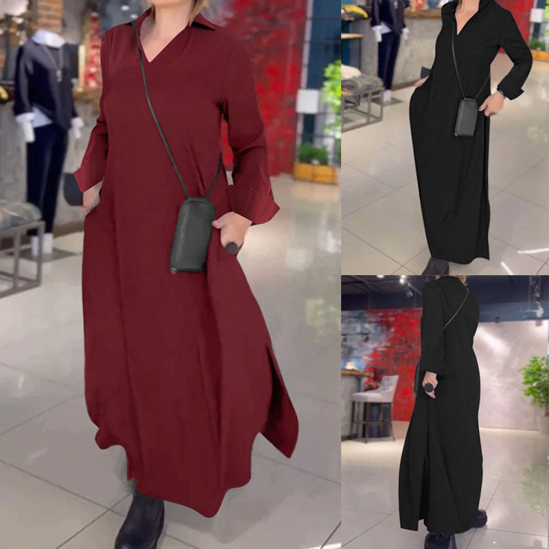 Damen Fließendes Maxikleid mit Stehkragen‑V‑Ausschnitt, langen Ärmeln und seitlichen Eingrifftaschen Drune