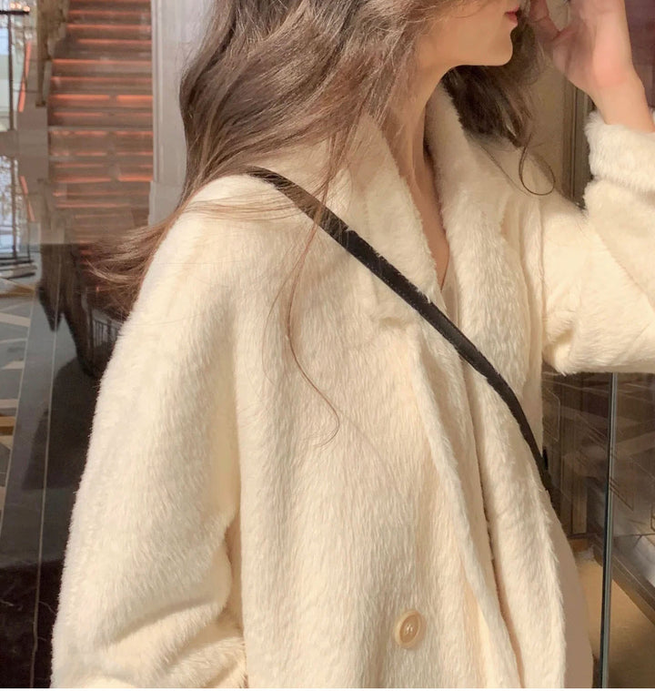 Damen Modischer und eleganter Bouclé-Mantel mit doppelter Knopfleiste Drune