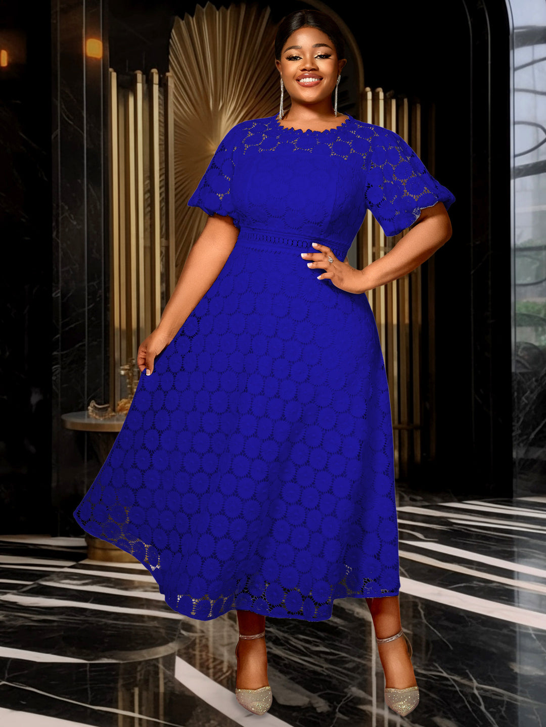 Damen Midi-Kleid mit eleganter Spitzenapplikation und Puffärmeln Drune