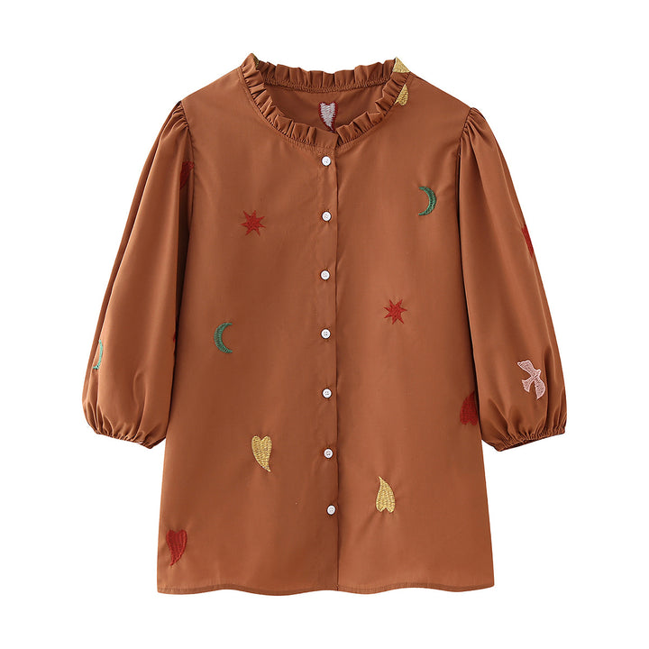 Damen nan bestickte Tunika-Bluse mit Rüschenkragen, durchgehender Knopfleiste und Ballonärmeln Drune