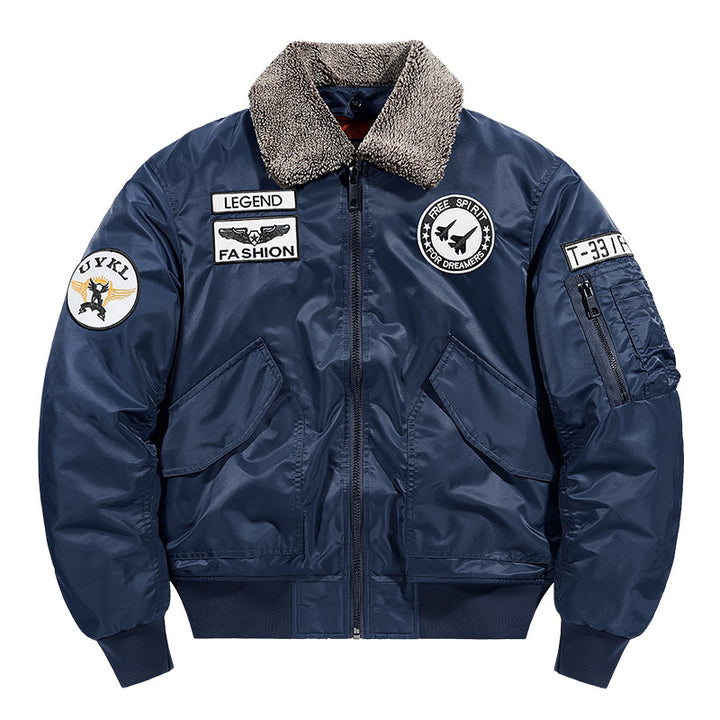 Herren -isolierte Pilot-Aviator-Bomberjacke mit Kunstschaffellkragen, Patches, Applikationen und einer Utility-Tasche am Ärmel Drune