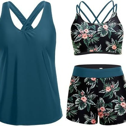 Damen Sportliches Tankini-Set mit floralem Oberteil und Shorts Drune